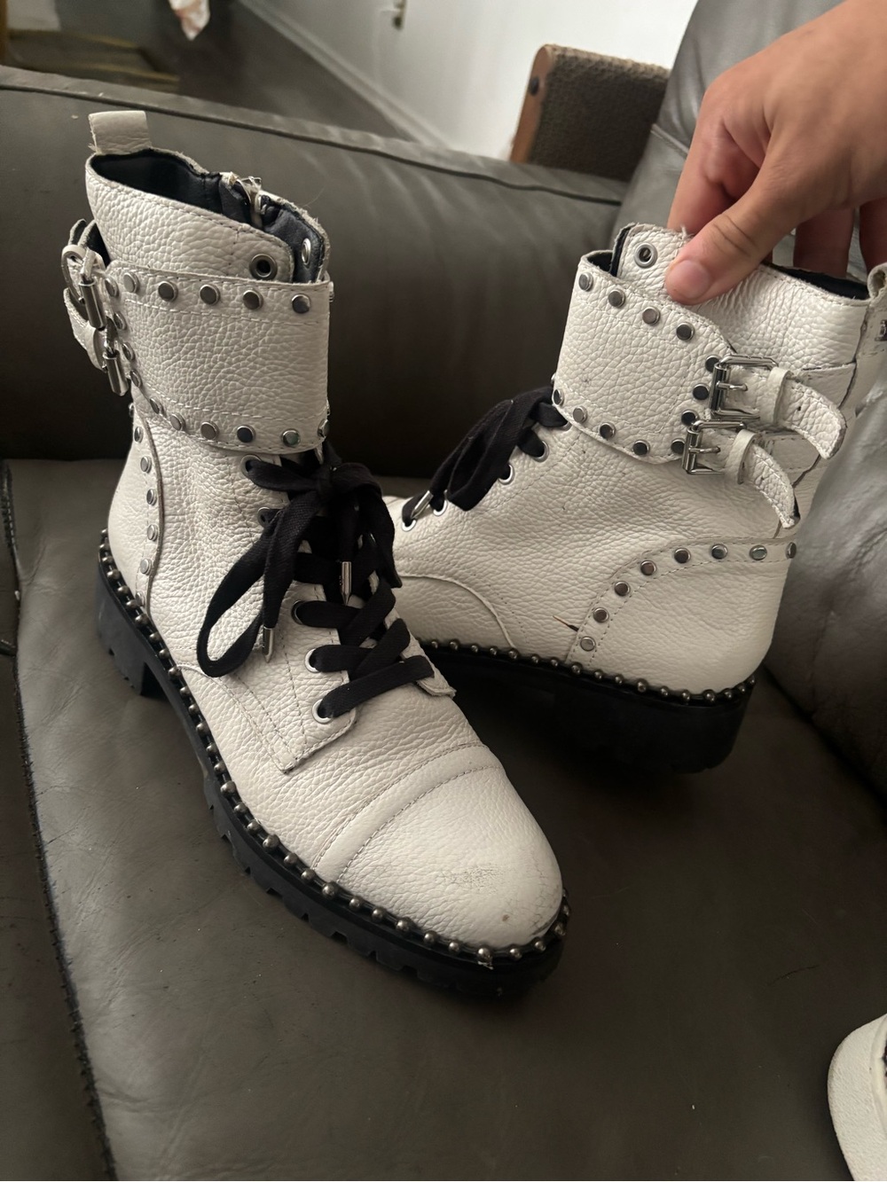 Sam Edelman White Studded Leather Moto Combat Boots
